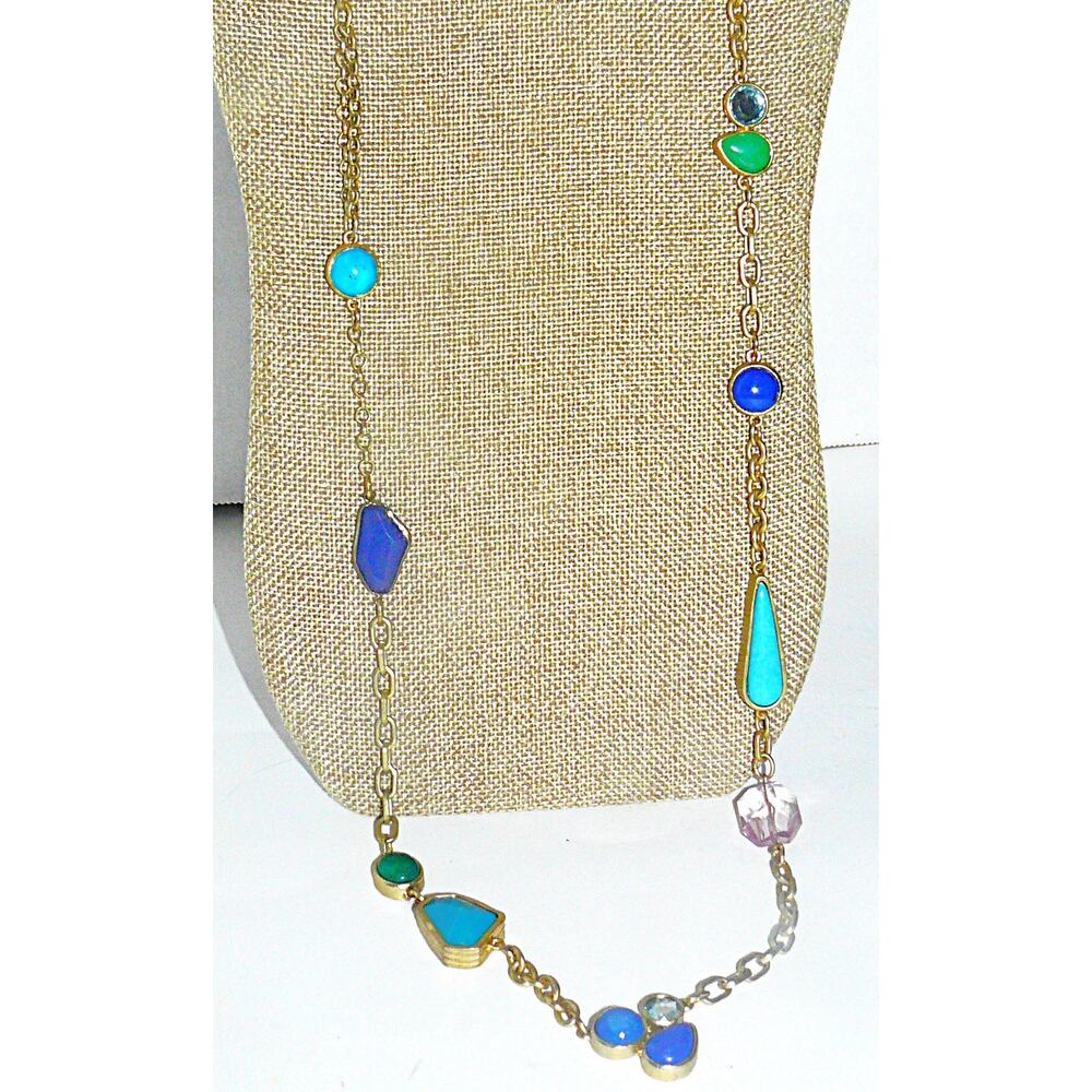 Chicos Signed Gold Tone Multi-Color Station Necklace Blue Green Acrylic Beads